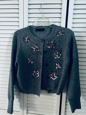 Zara Embellished Gray Crewneck Cardigan Sweater